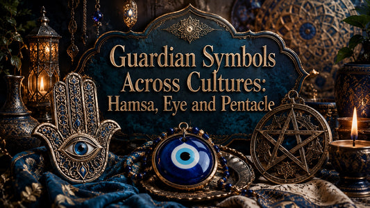 Guardian symbols across cultures featuring ornate hamsa, evil eye, and pentacle for spiritual protection