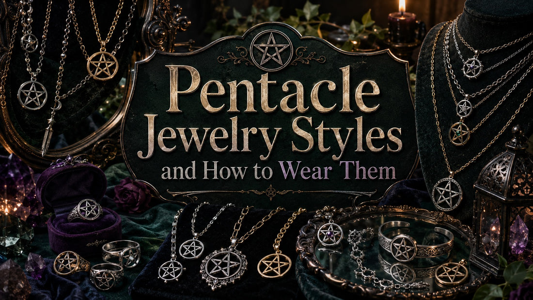 Elegant pentacle jewelry styles displayed with rings, necklaces, and bracelets for mystical fashion inspiration