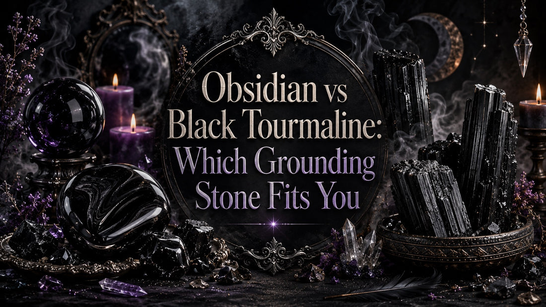 Obsidian and black tourmaline grounding stones displayed with candles and crystals for spiritual energy guidance