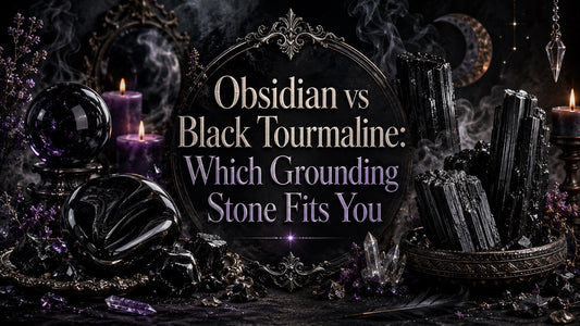 Obsidian and black tourmaline grounding stones displayed with candles and crystals for spiritual energy guidance