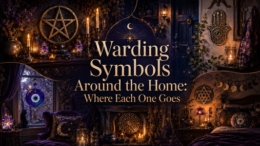 Mystical warding symbols decorate cozy home spaces with candles and crystals for protective energy
