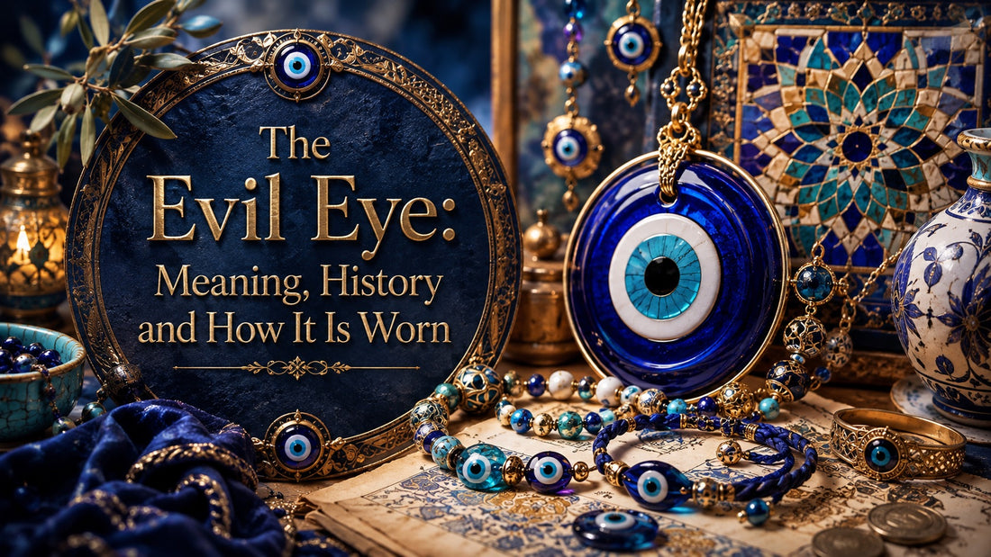 Blue evil eye jewelry and decor displayed with ornate gold accents, showcasing evil eye meaning and history