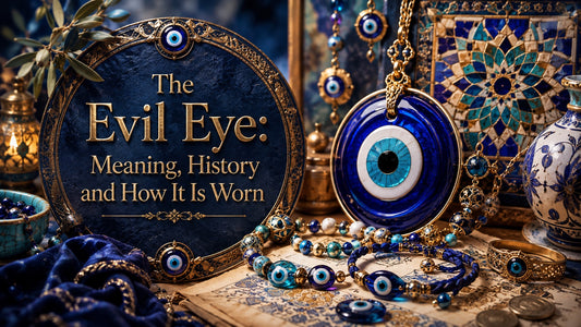 Blue evil eye jewelry and decor displayed with ornate gold accents, showcasing evil eye meaning and history