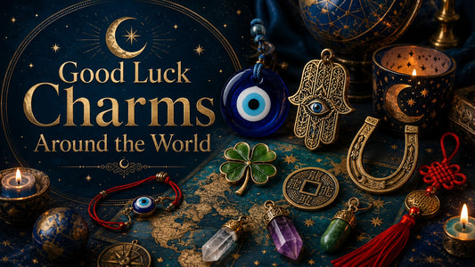 Good luck charms from around the world including evil eye, hamsa, horseshoe, and four-leaf clover