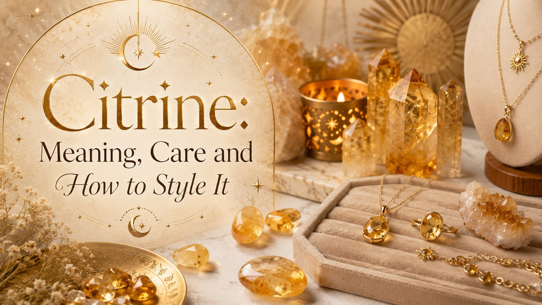 Citrine gemstones and jewelry displayed with gold accents, highlighting citrine meaning, care, and styling tips