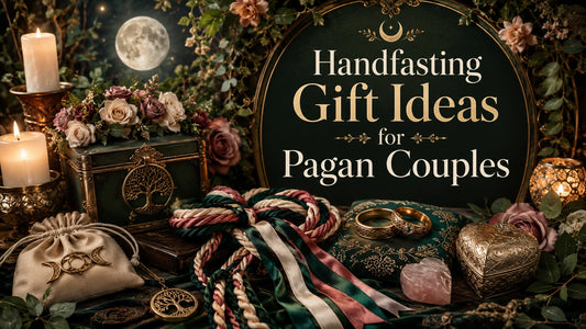 Handfasting gift ideas for pagan couples featuring candles, rings, floral decor, and symbolic keepsakes