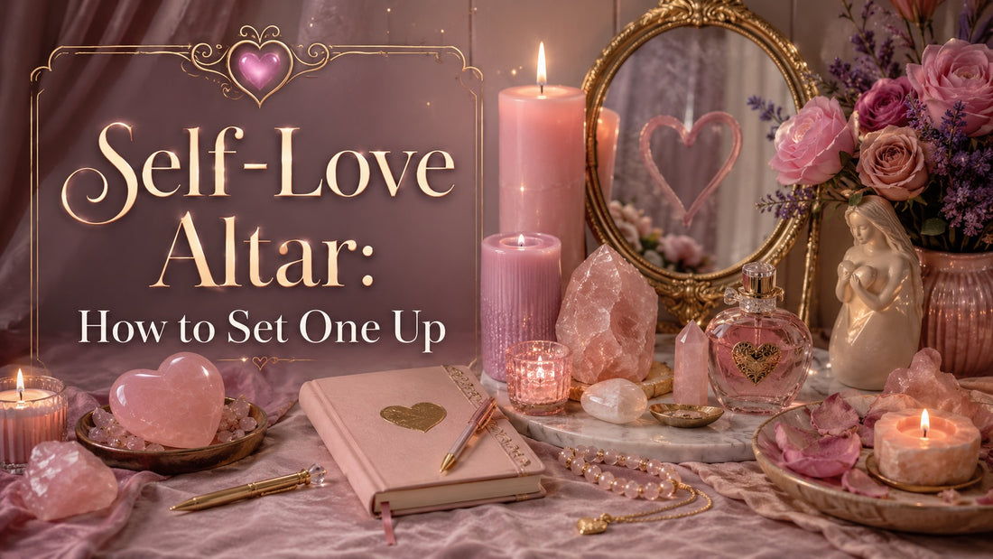 Romantic self-love altar setup with pink candles, crystals, flowers, and journal for self-care inspiration