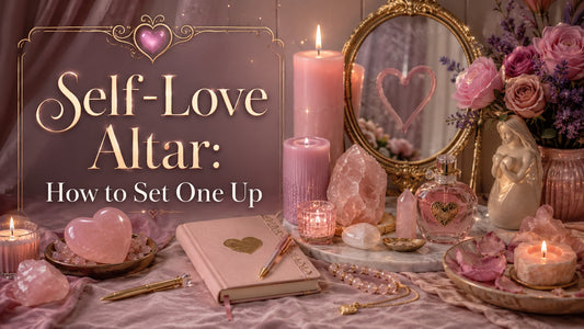 Romantic self-love altar setup with pink candles, crystals, flowers, and journal for self-care inspiration