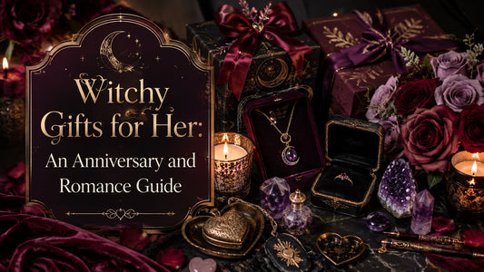 Witchy gifts for her including mystical jewelry, candles, and romantic flowers for anniversary inspiration