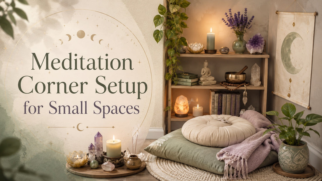 Cozy meditation corner setup for small spaces with cushions, candles, crystals, and calming decor ideas