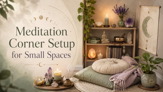 Cozy meditation corner setup for small spaces with cushions, candles, crystals, and calming decor ideas