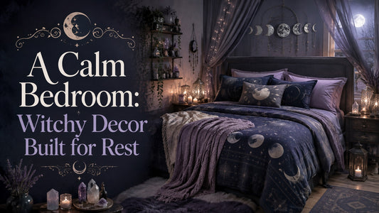 Cozy bedroom with witchy decor featuring moon phase bedding, crystals, and calming lights for restful sleep