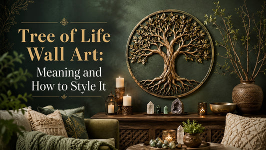 Elegant living room with tree of life wall art, cozy pillows, and candles for stylish home decor inspiration
