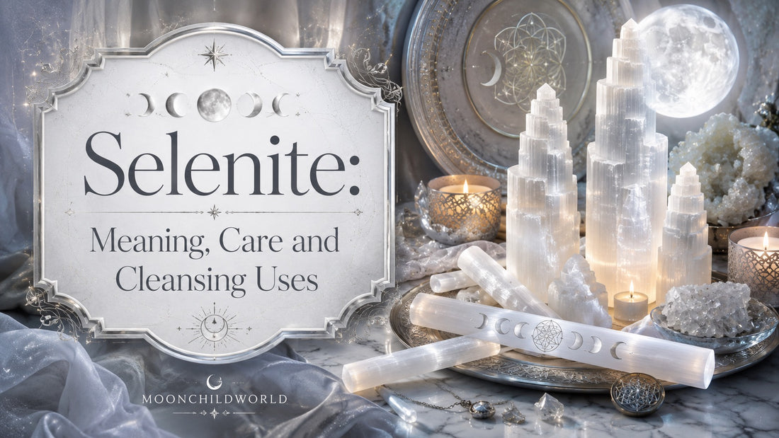 Selenite crystals arranged with candles and moon motifs, illustrating selenite meaning, care, and cleansing uses