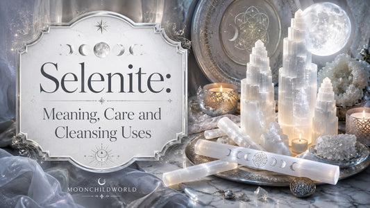 Selenite crystals arranged with candles and moon motifs, illustrating selenite meaning, care, and cleansing uses