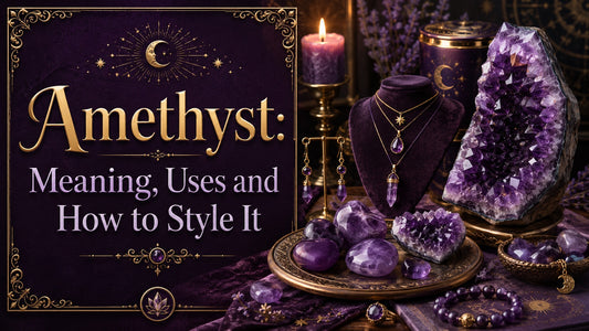 Amethyst jewelry and crystals displayed with candles and decor, showcasing amethyst meaning and styling ideas
