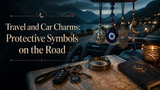 Travel and car charms with protective symbols hanging in a car, enhancing safety on the road
