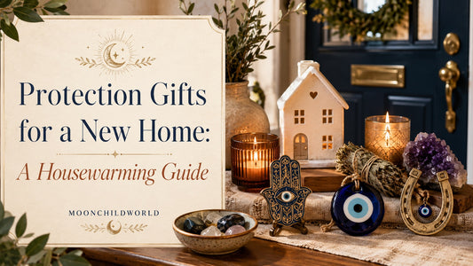 Protection gifts for a new home including candles, crystals, evil eye charms, and housewarming decor ideas