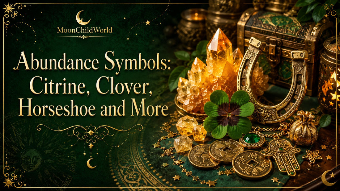 Abundance symbols including citrine crystals, clover, horseshoe, and lucky coins for attracting prosperity
