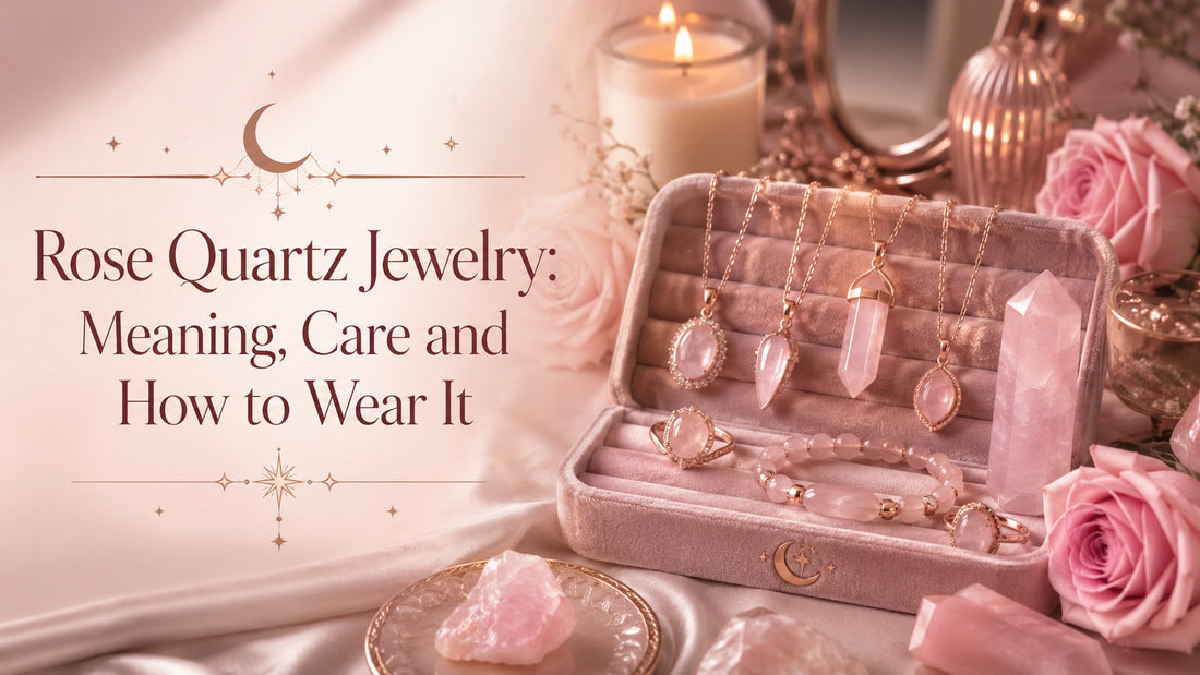 Elegant rose quartz jewelry set with necklaces, rings, and crystals styled for meaning and care tips