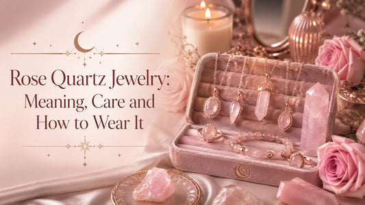 Elegant rose quartz jewelry set with necklaces, rings, and crystals styled for meaning and care tips