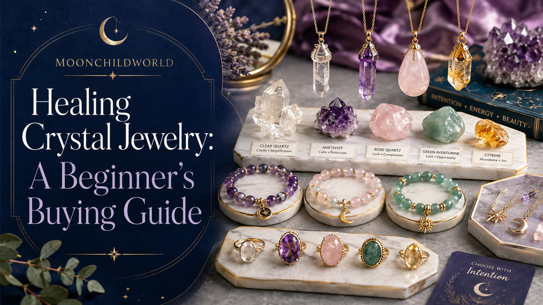 Healing crystal jewelry displayed with bracelets, rings, and pendants for a beginner’s buying guide
