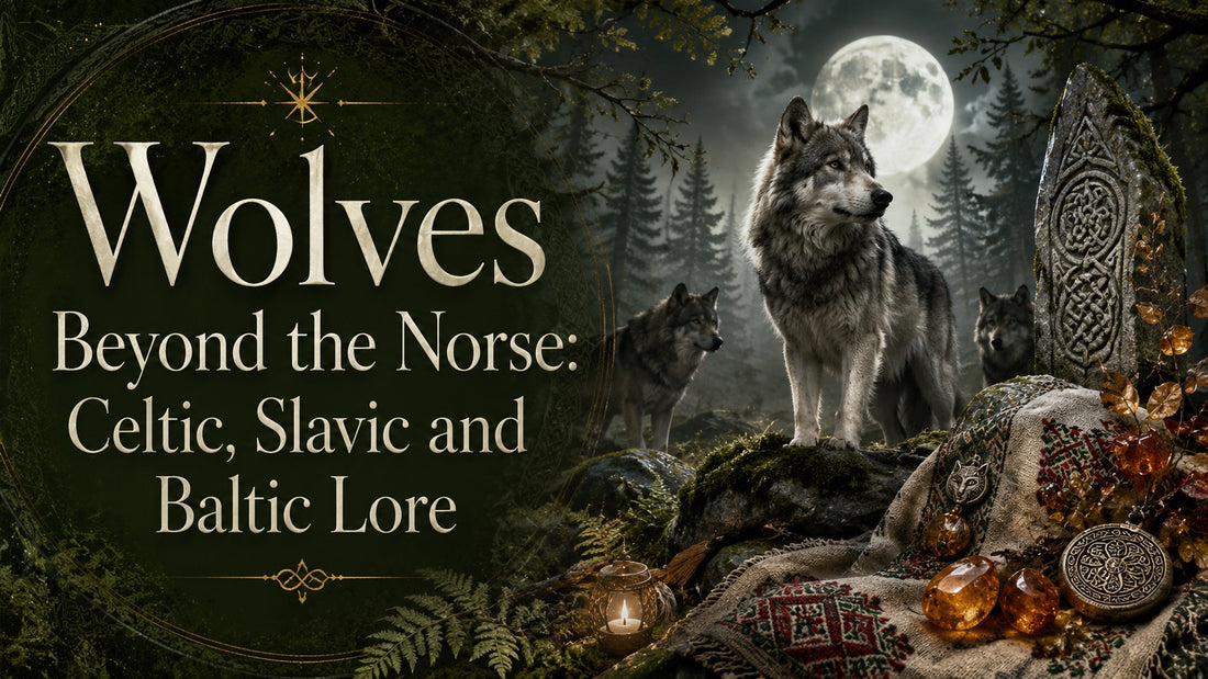 Wolves in Celtic, Slavic, and Baltic lore with full moon and traditional symbols in a mystical forest setting