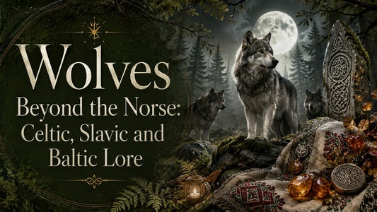 Wolves in Celtic, Slavic, and Baltic lore with full moon and traditional symbols in a mystical forest setting