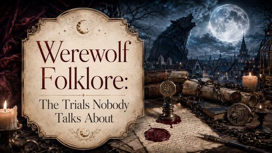 Werewolf folklore explored with ancient scrolls, chains, and a howling wolf under a full moon