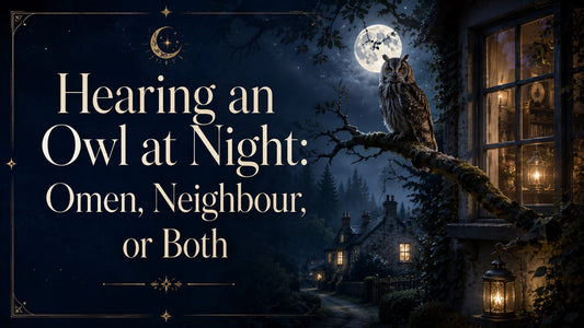 Owl perched outside a cozy cottage under a full moon, exploring hearing an owl at night meanings
