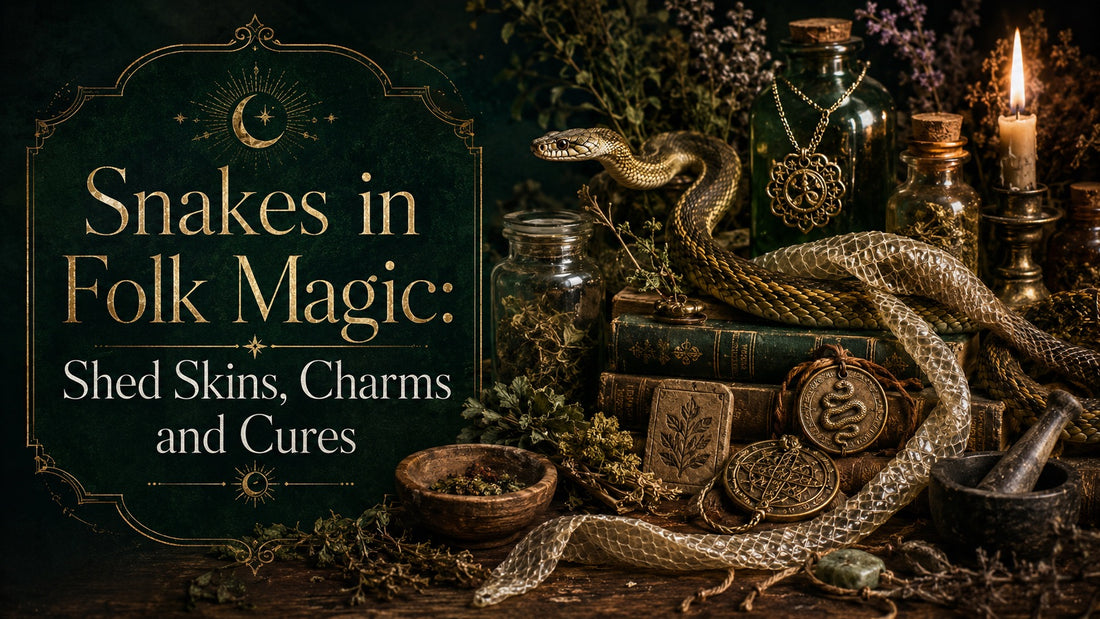 Snake folk magic symbols with shed snake skin, old books, herbs, and mystical charms for folk magic rituals