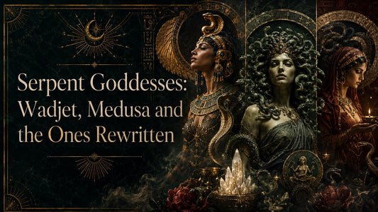 Serpent goddesses depicted as Wadjet, Medusa, and mystical women with snakes and ancient symbols