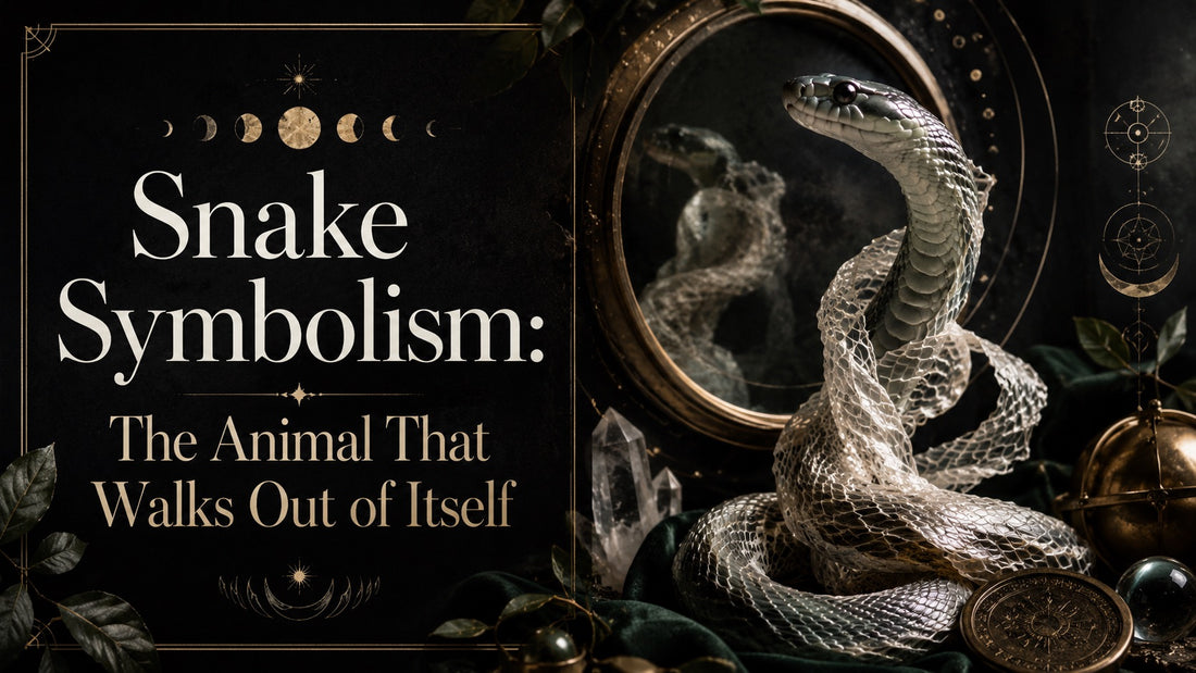 Snake symbolism depicted with a snake shedding its skin beside mystical objects and a vintage mirror