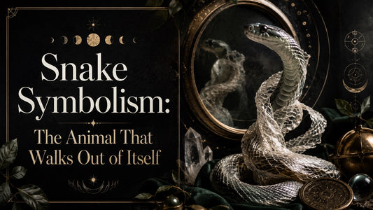 Snake symbolism depicted with a snake shedding its skin beside mystical objects and a vintage mirror