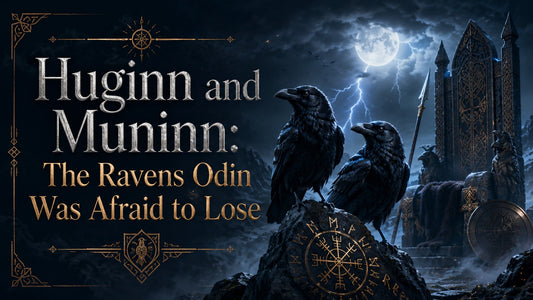Huginn and Muninn perched on Norse runes with Odin’s throne under a stormy moonlit sky