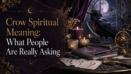 Crow spiritual meaning explored with a mystical crow, candles, and tarot cards under a full moon