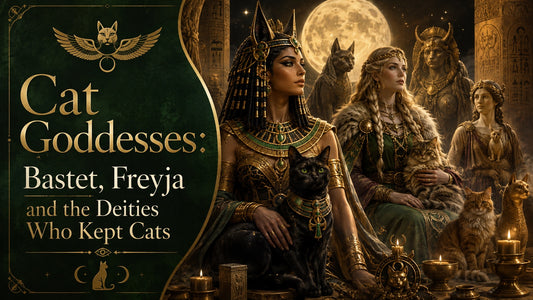 Ancient cat goddesses Bastet and Freyja with sacred cats under a full moon, celebrating feline mythology