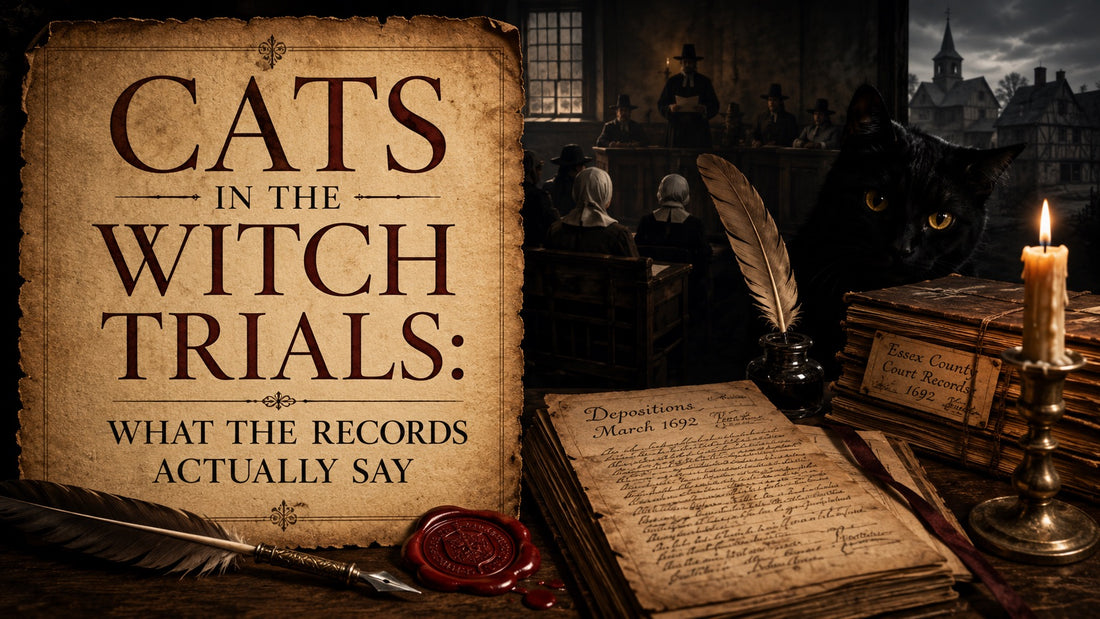 Black cat beside witch trials court records and candle, exploring the role of cats in witch trials history