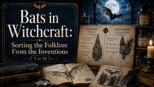 Bats in witchcraft folklore explored with vintage books, moonlit bats, and potion jars for mystical insights