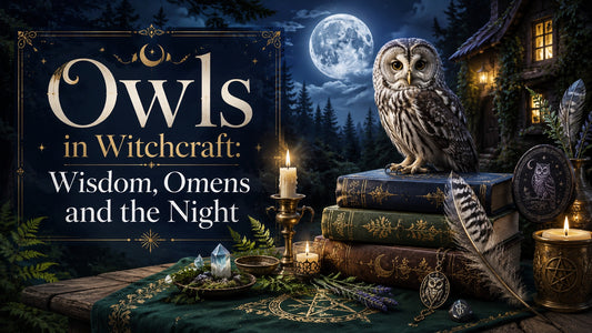 Owl in witchcraft symbolism shown with mystical books, candles, and a wise owl under a full moon