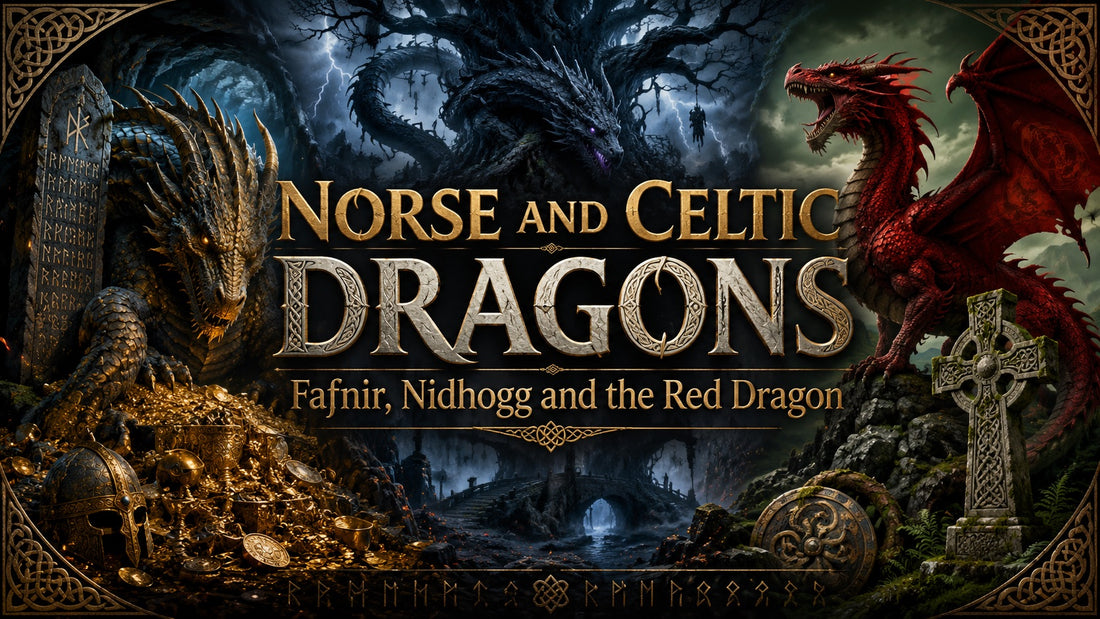 Norse and Celtic dragons depicted with Fafnir, Nidhogg, and a red dragon in mythic fantasy art