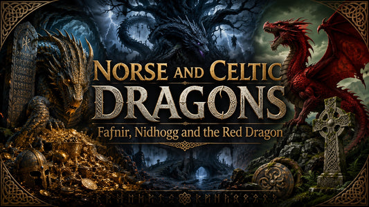 Norse and Celtic dragons depicted with Fafnir, Nidhogg, and a red dragon in mythic fantasy art