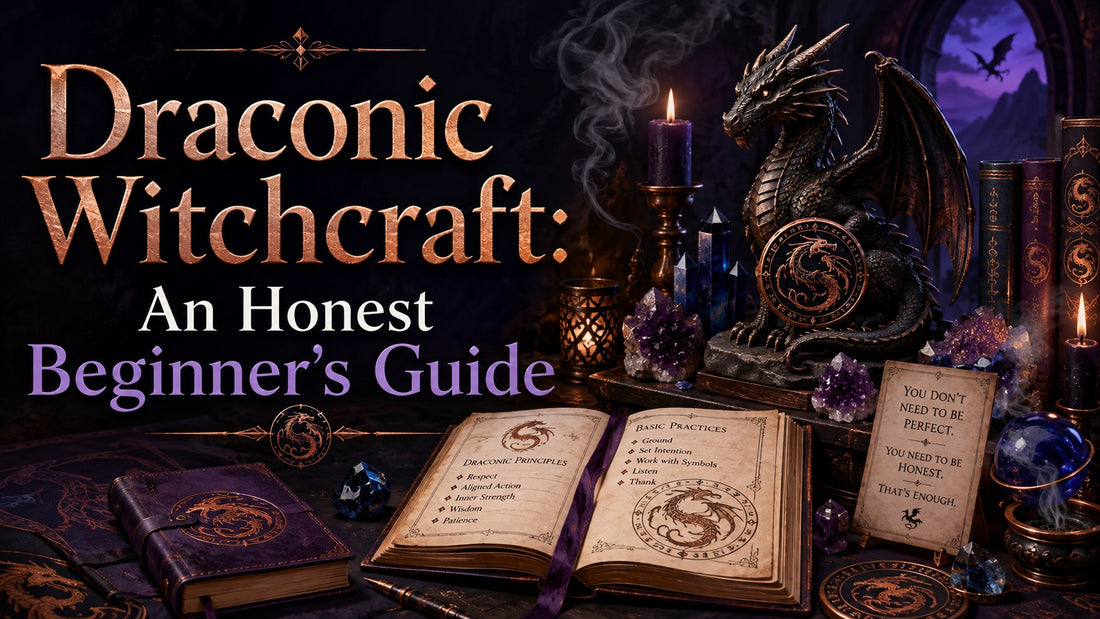 Draconic witchcraft beginner’s guide with mystical dragon statue, spell books, crystals, and candlelit altar setup