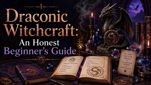 Draconic witchcraft beginner’s guide with mystical dragon statue, spell books, crystals, and candlelit altar setup