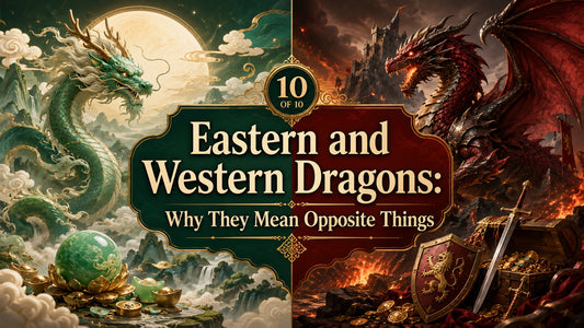 Eastern and Western dragons contrasted in fantasy art with symbols of power and treasure