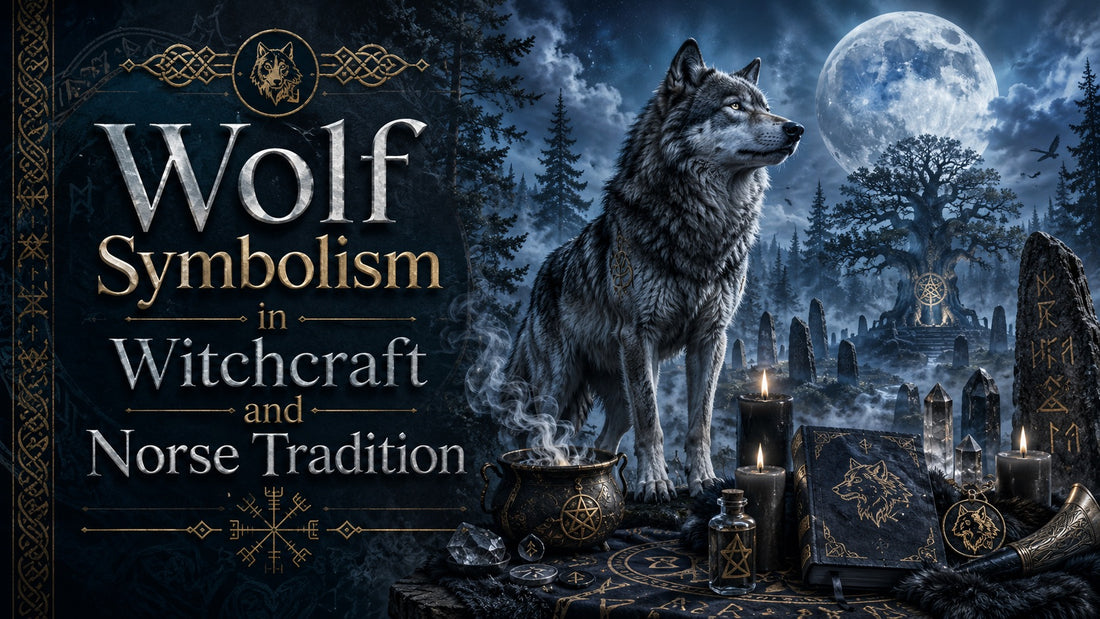 Wolf symbolism depicted in witchcraft and Norse tradition with mystical runes and a full moon