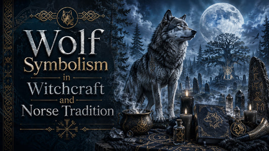 Wolf symbolism depicted in witchcraft and Norse tradition with mystical runes and a full moon