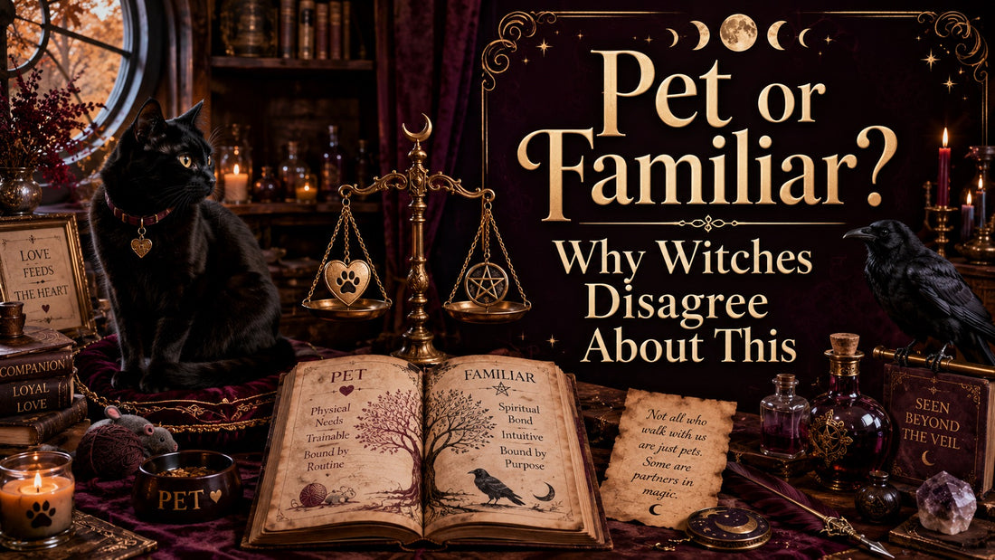 Black cat and raven with magical books and candles explore the pet or familiar debate for witches