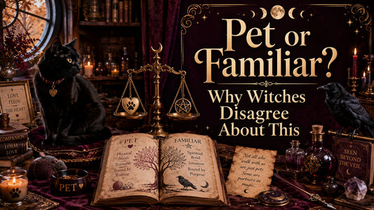 Black cat and raven with magical books and candles explore the pet or familiar debate for witches