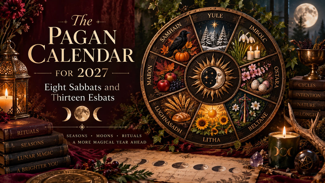 Pagan calendar for 2027 featuring eight sabbats, ritual books, candles, and lunar phases for spiritual planning